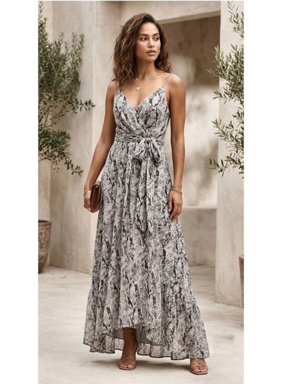ASTR The Label Python Print Tie-Waist Asymmetrical Maxi Dress, Womens Size XS